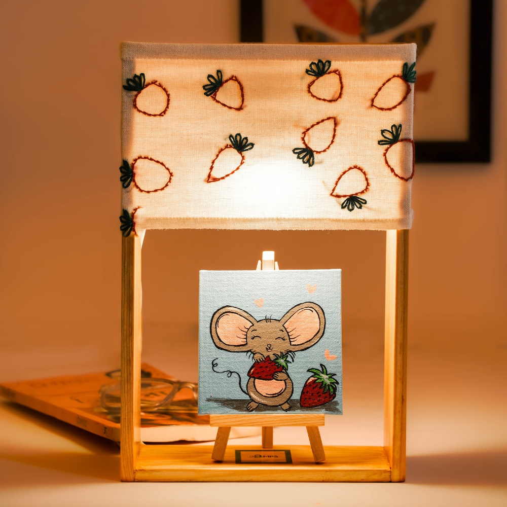 Handmade strawberry delight wooden Table Lamp with hand painted matching artwork