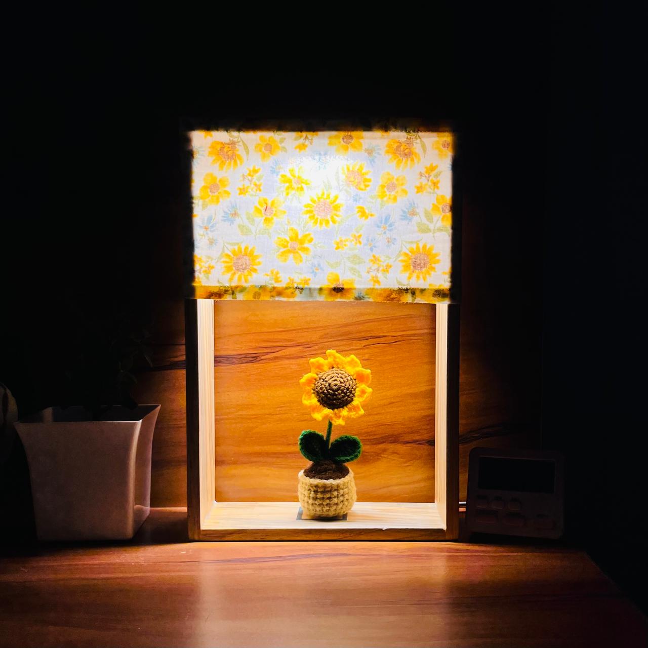 Pine Glow Sunflower Wooden Lamp with handmade crochet Sunflower - (washable Lampshade)