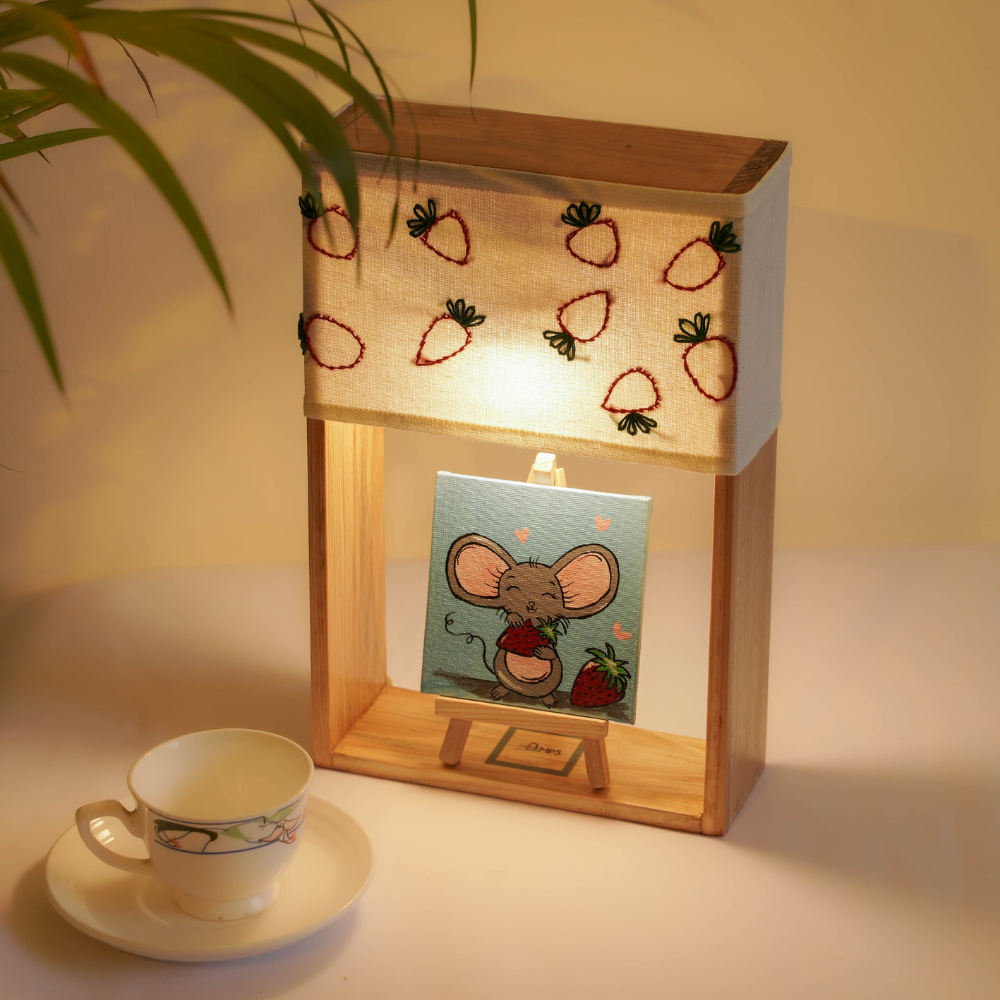 Handmade strawberry delight wooden Table Lamp with hand painted matching artwork