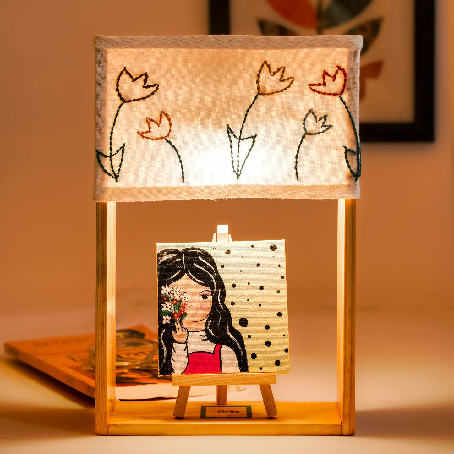Pine Glow Blossom Table Lamp – Handmade Wooden Lamp with Elegant Artwork- unique, artistic, and cozy décor item