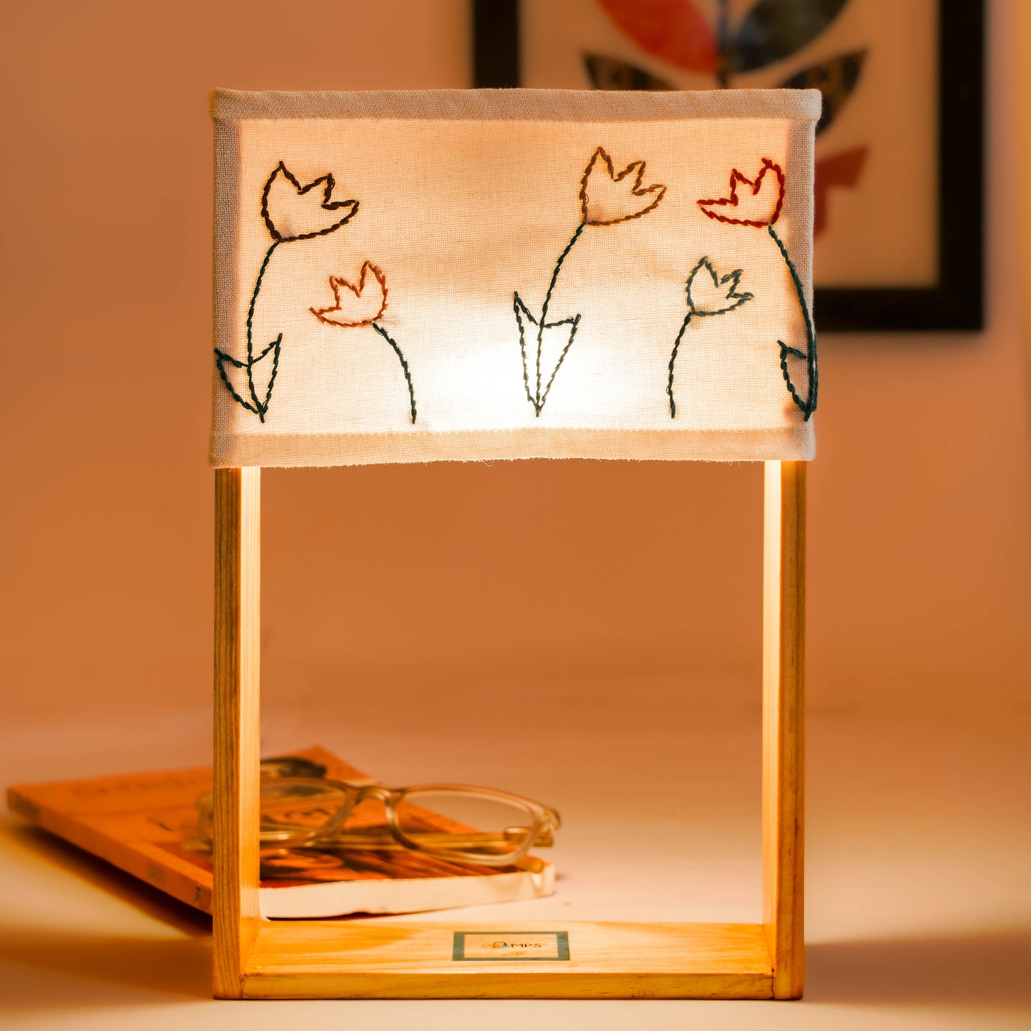 Pine Glow Blossom Table Lamp – Handmade Wooden Lamp with Elegant Artwork- unique, artistic, and cozy décor item