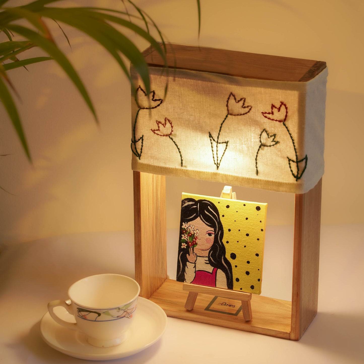 Pine Glow Blossom Table Lamp – Handmade Wooden Lamp with Elegant Artwork- unique, artistic, and cozy décor item