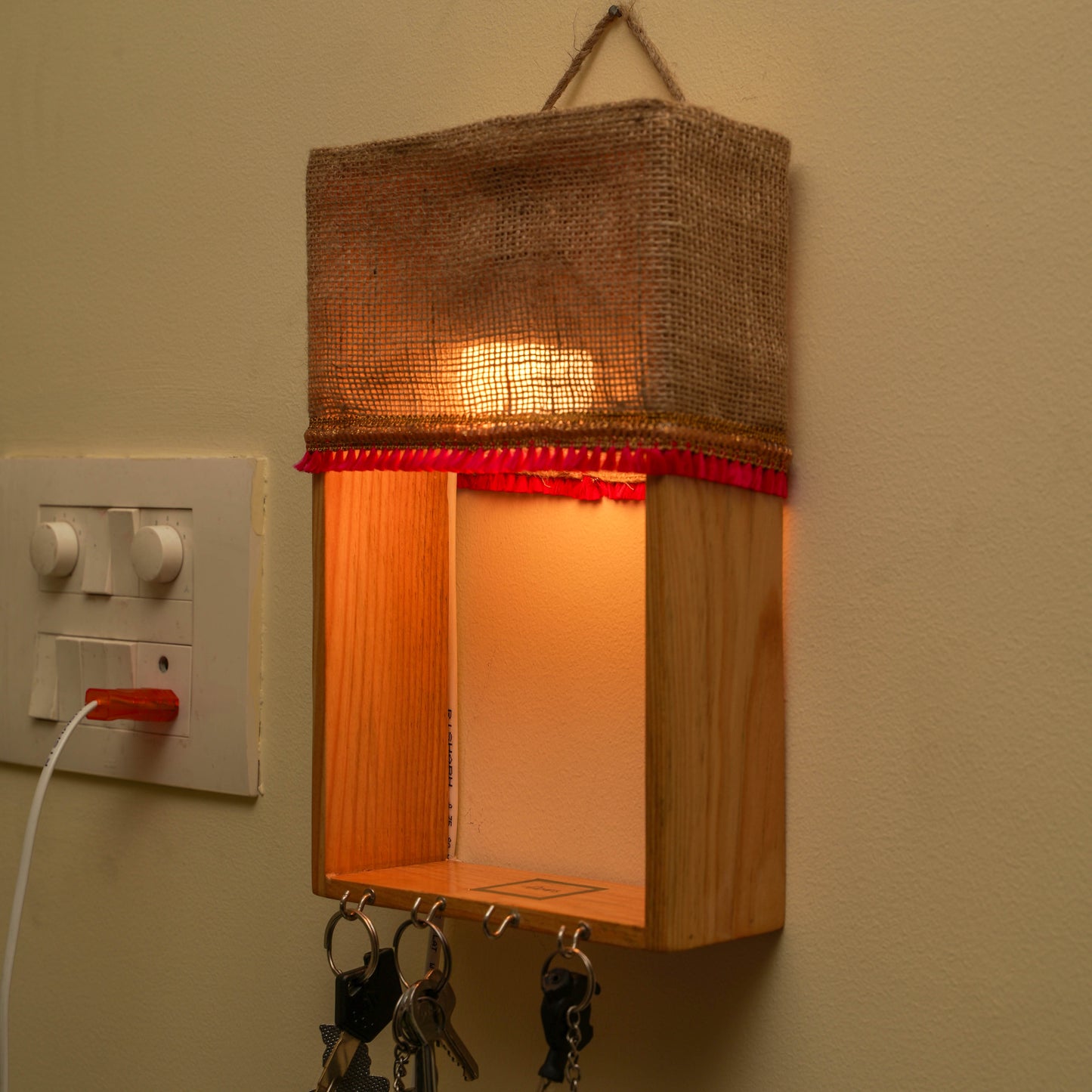 Pine Glow Key Holder wall mounted Lamp- ( in Jute removable cloth)
