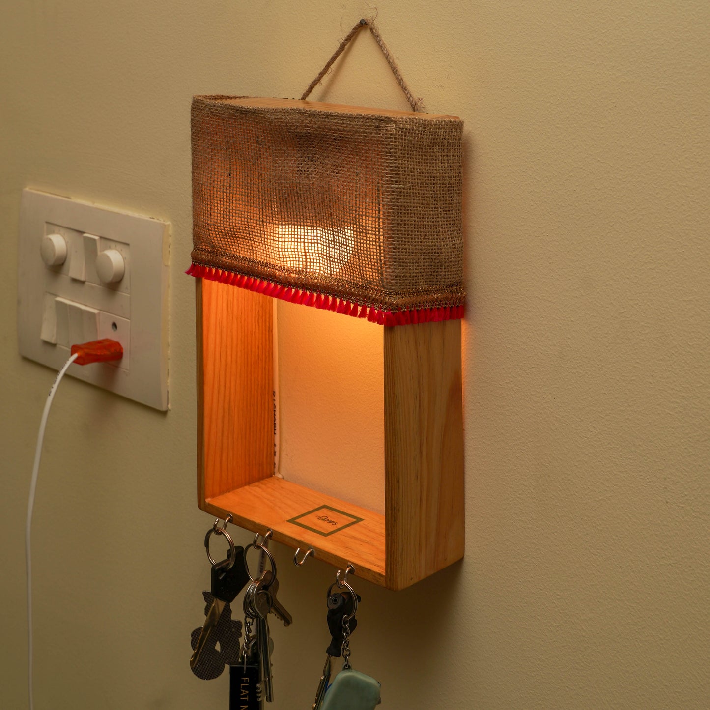 Pine Glow Key Holder wall mounted Lamp- ( in Jute removable cloth)