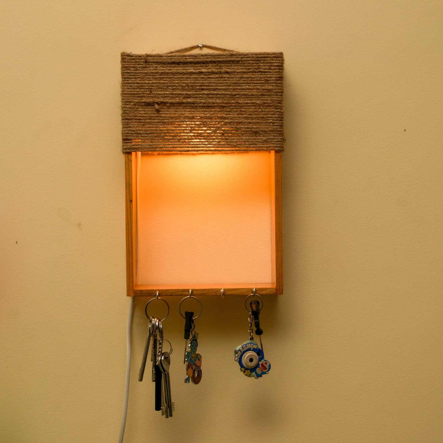 Pine Glow Key Holder wall mounted Lamp- ( in Jute rope as Lampshade)