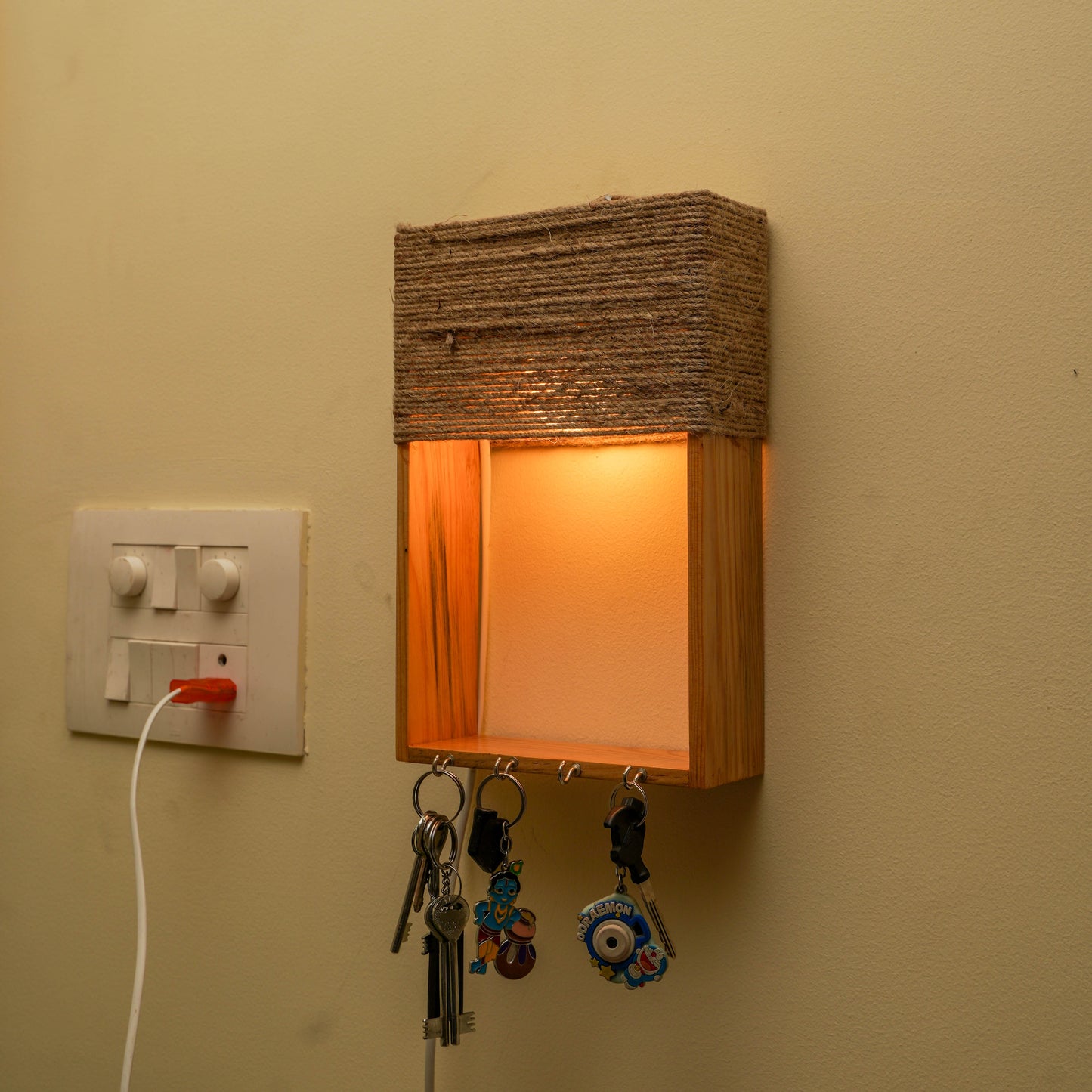 Pine Glow Key Holder wall mounted Lamp- ( in Jute rope as Lampshade)