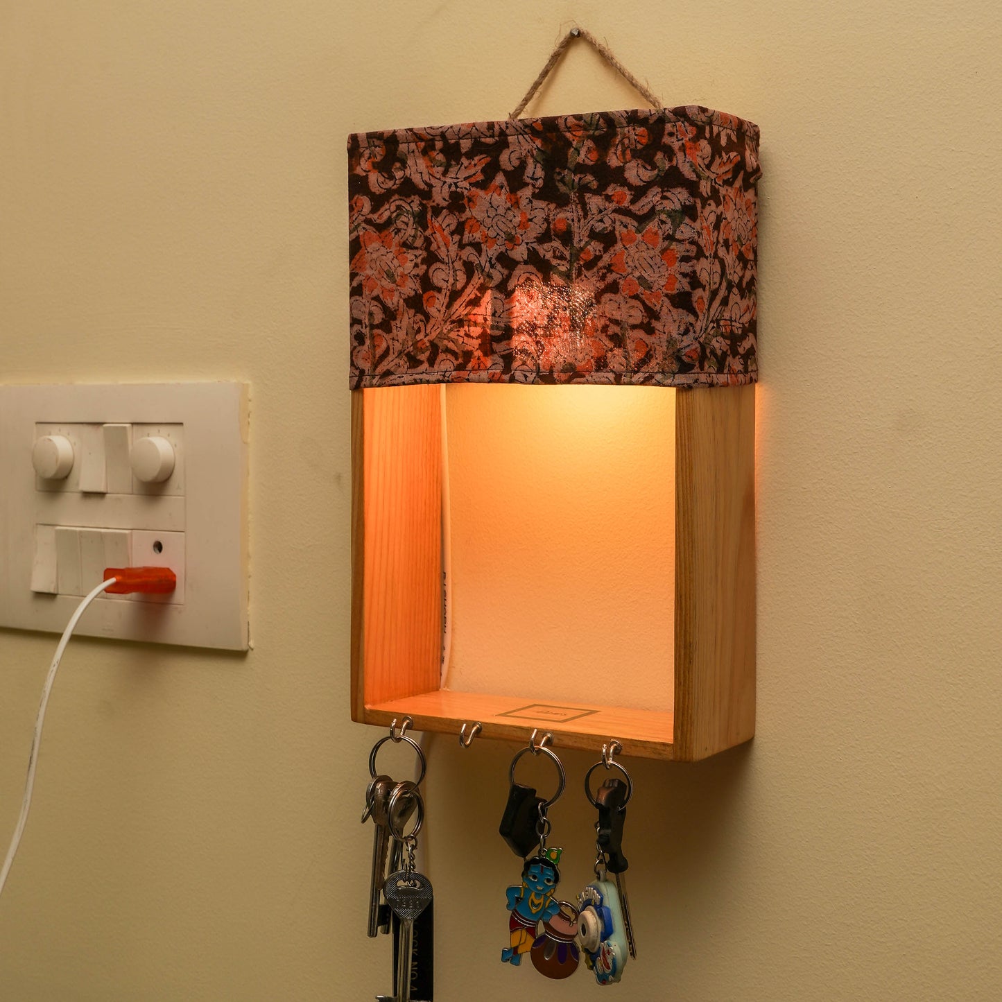Pine Glow Key Holder wall mounted Lamp- ( in Kalamkari cloth)