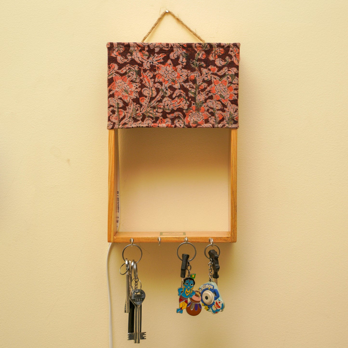 Pine Glow Key Holder wall mounted Lamp- ( in Kalamkari cloth)