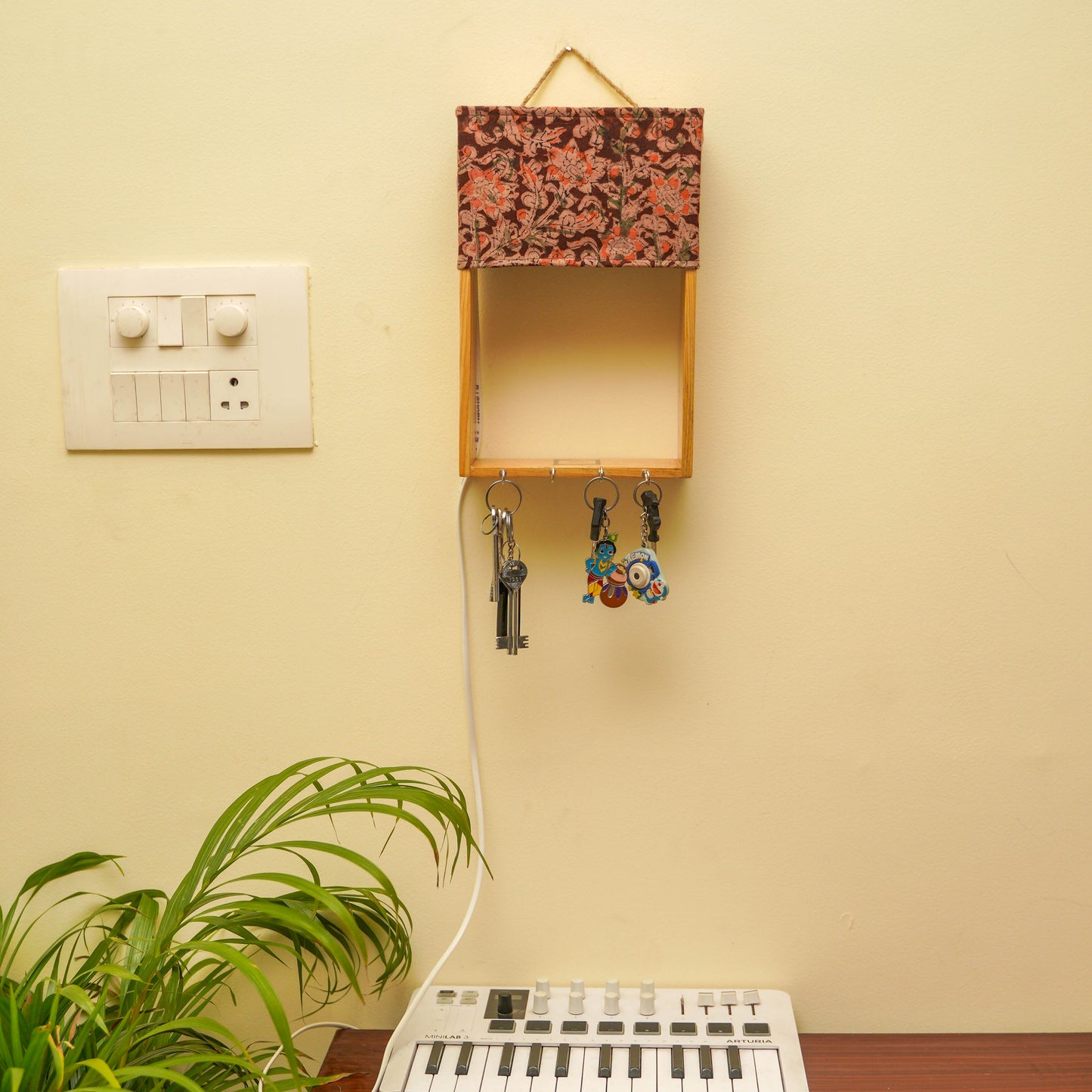 Pine Glow Key Holder wall mounted Lamp- ( in Kalamkari cloth)