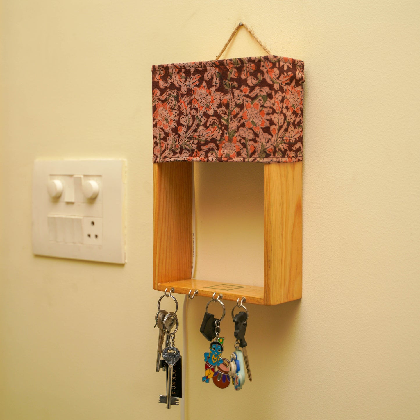 Pine Glow Key Holder wall mounted Lamp- ( in Kalamkari cloth)
