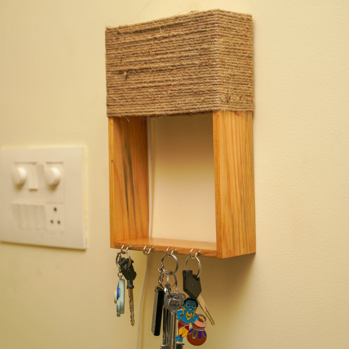 Pine Glow Key Holder wall mounted Lamp- ( in Jute rope as Lampshade)