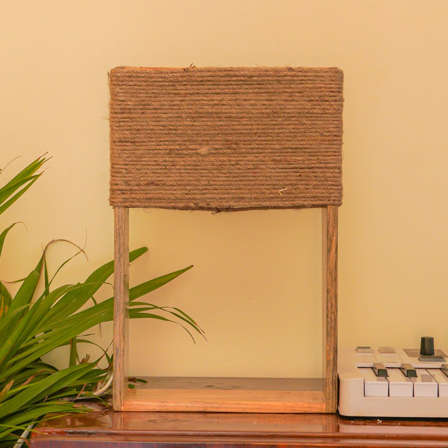 Pine Glow-Rustic Charm Table Lamp with Jute Lampshade and real succulent