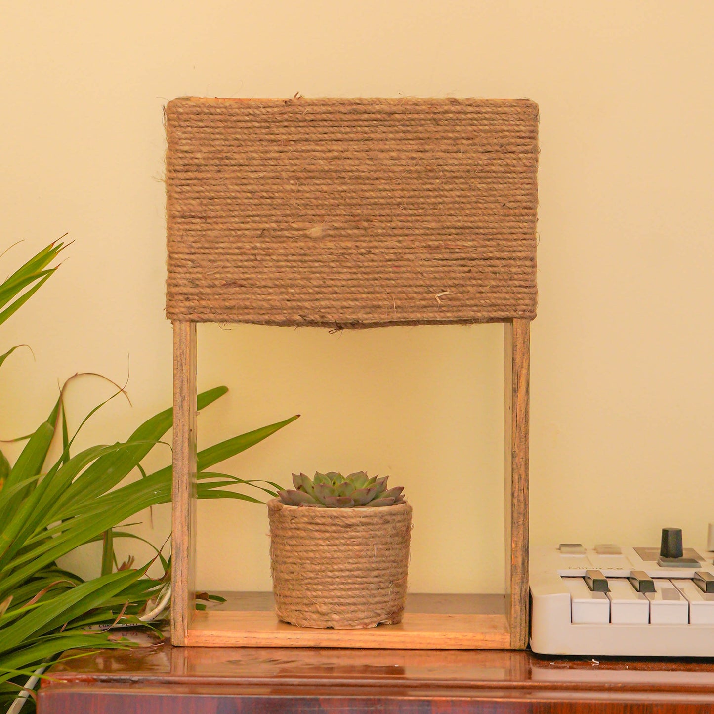 Pine Glow-Rustic Charm Table Lamp with Jute Lampshade and real succulent
