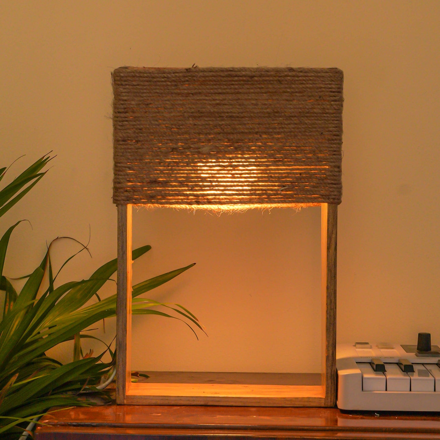 Pine Glow-Rustic Charm Table Lamp with Jute Lampshade and real succulent