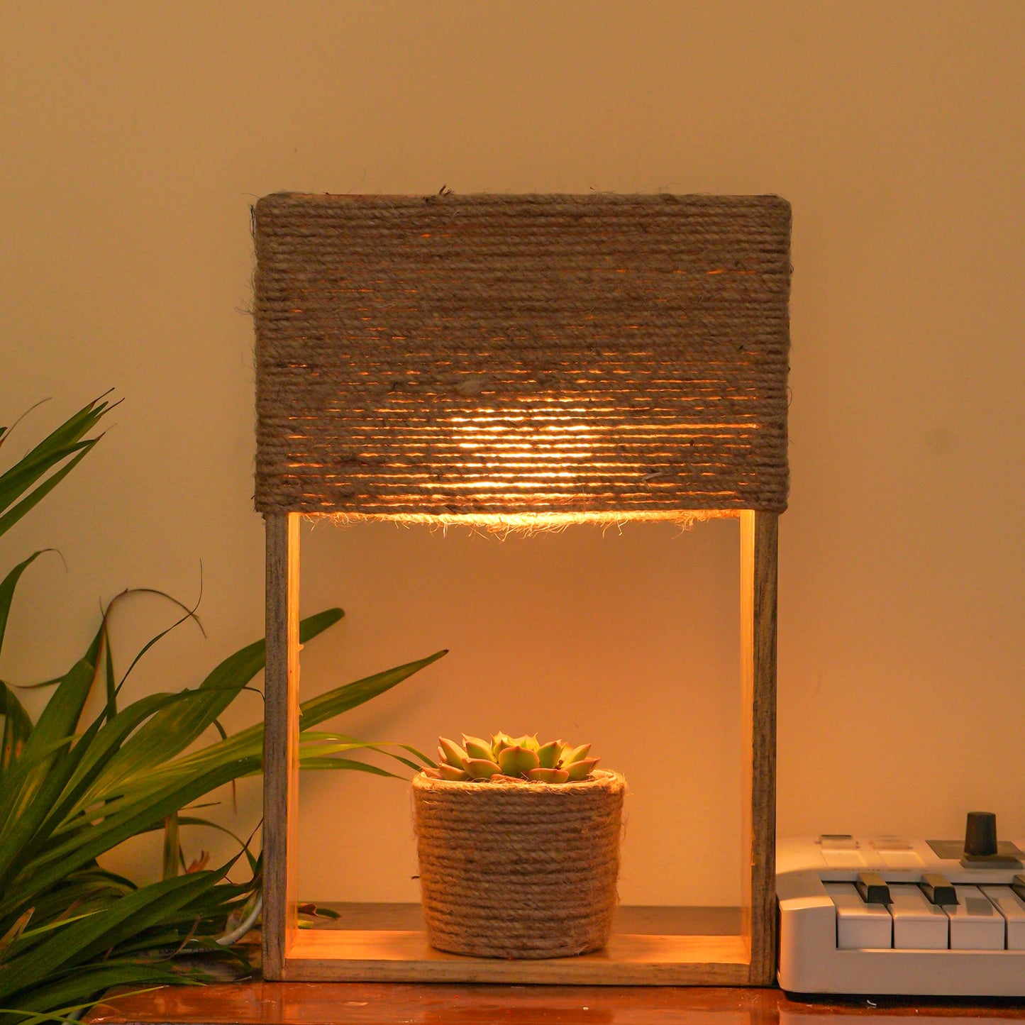 Pine Glow-Rustic Charm Table Lamp with Jute Lampshade and real succulent