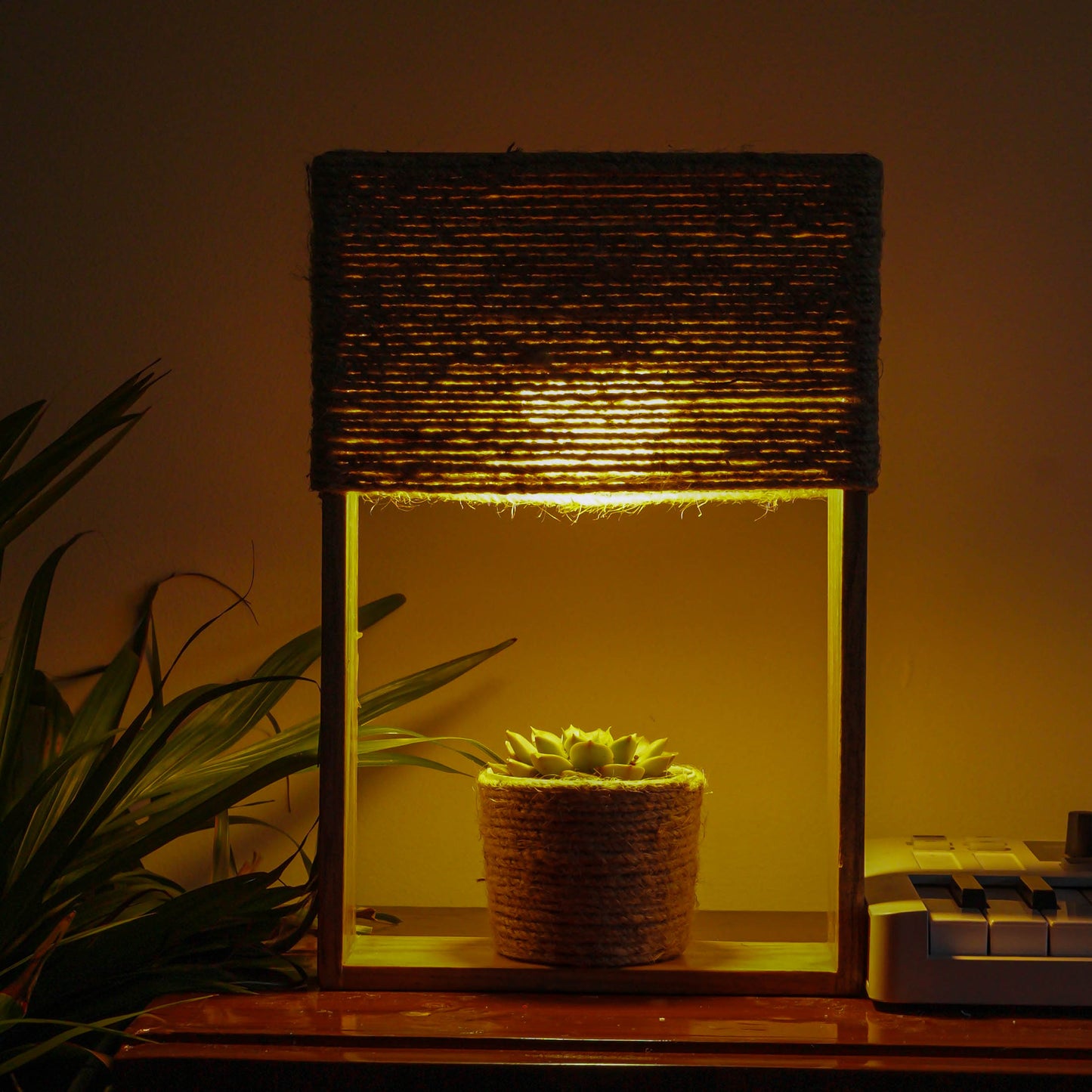 Pine Glow-Rustic Charm Table Lamp with Jute Lampshade and real succulent