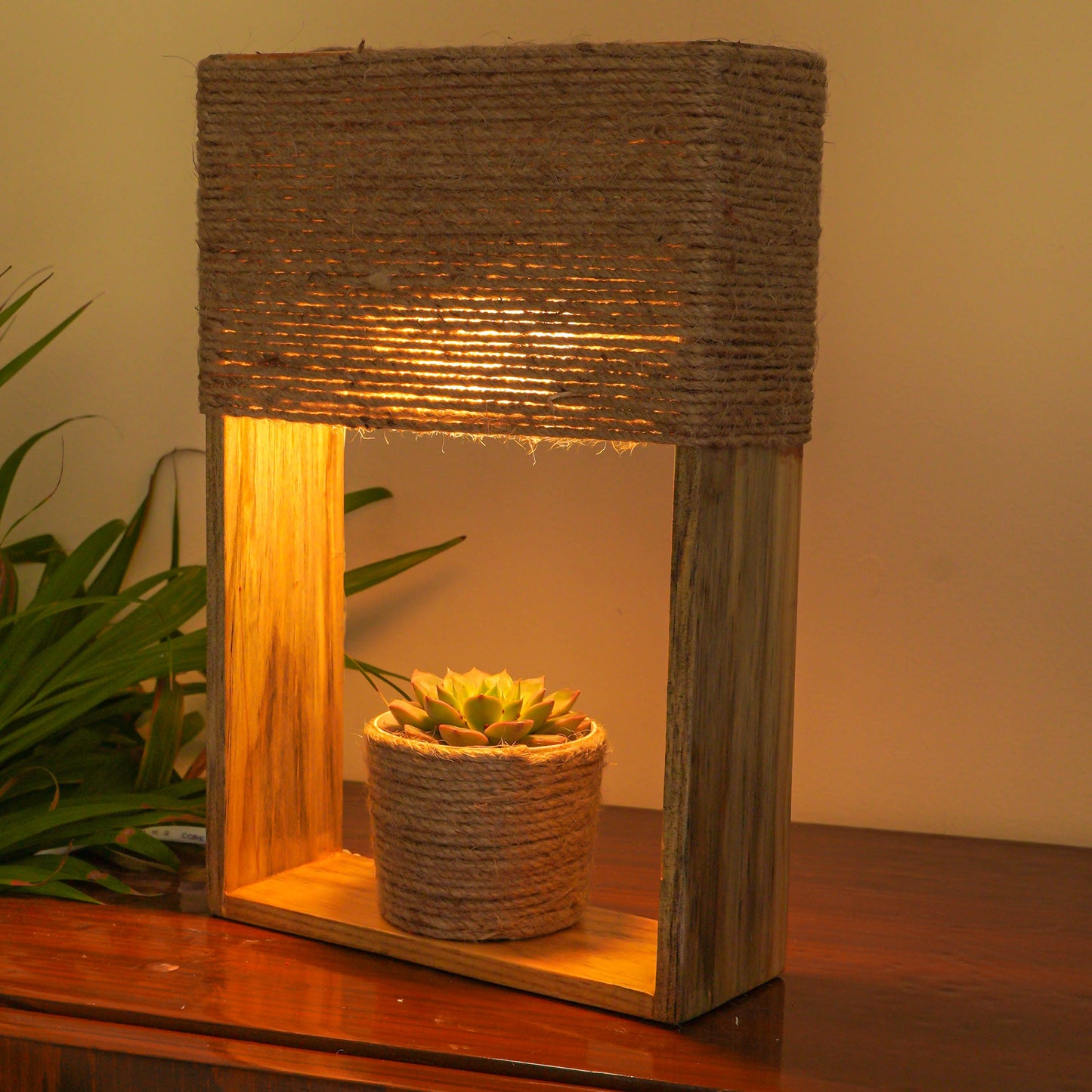 Pine Glow-Rustic Charm Table Lamp with Jute Lampshade and real succulent
