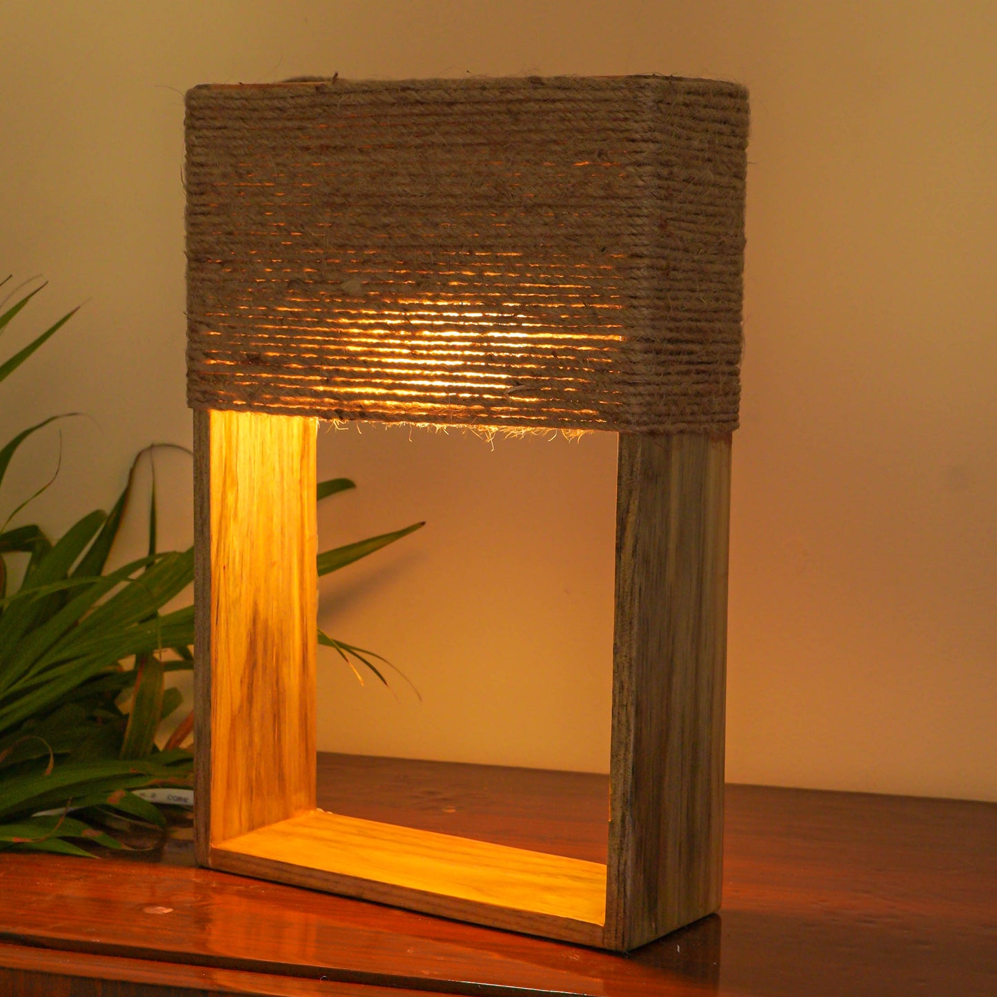 Pine Glow-Rustic Charm Table Lamp with Jute Lampshade and real succulent