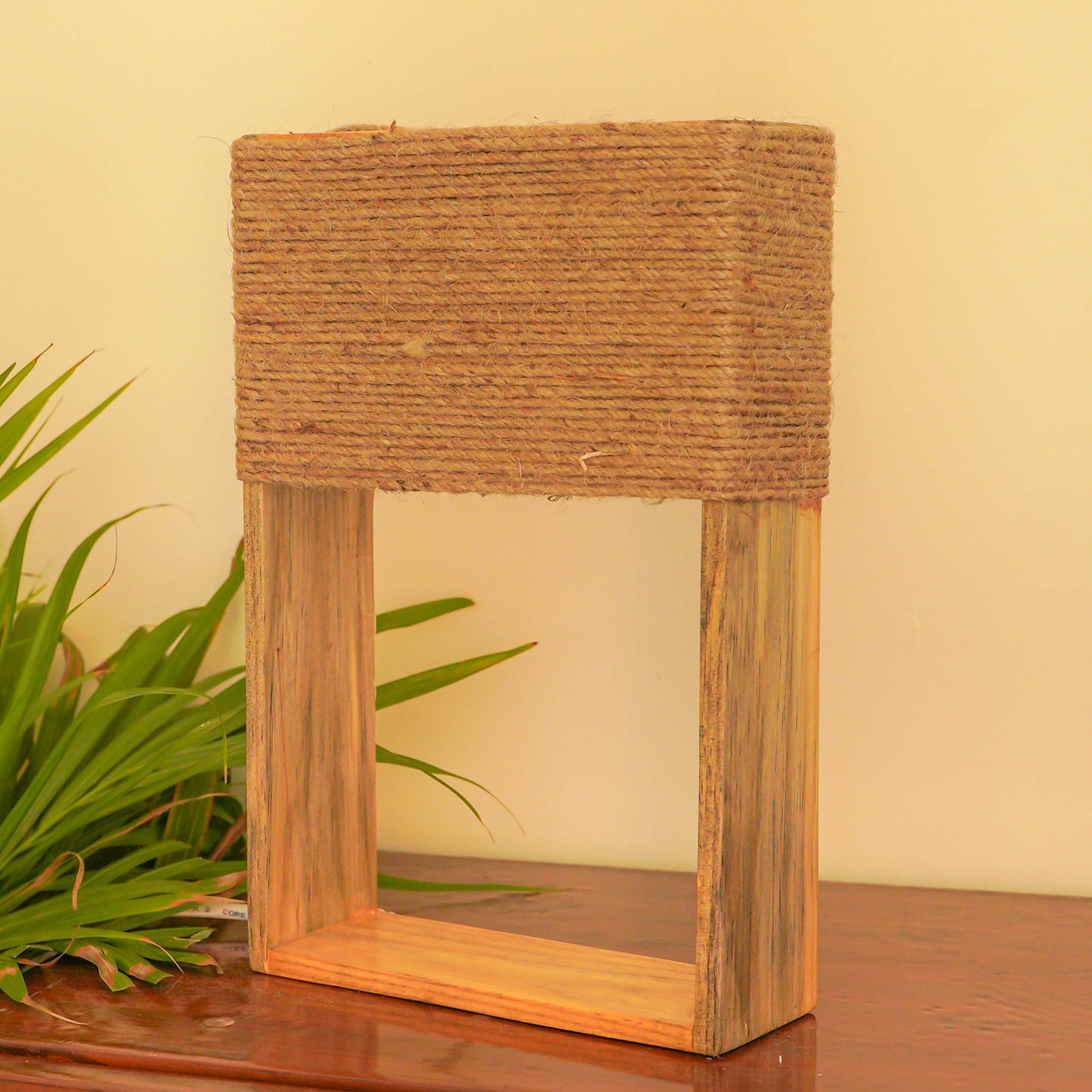 Pine Glow-Rustic Charm Table Lamp with Jute Lampshade and real succulent