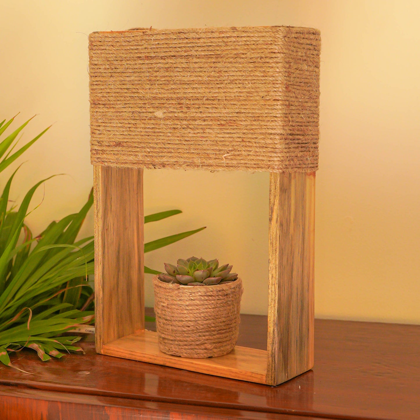 Pine Glow-Rustic Charm Table Lamp with Jute Lampshade and real succulent