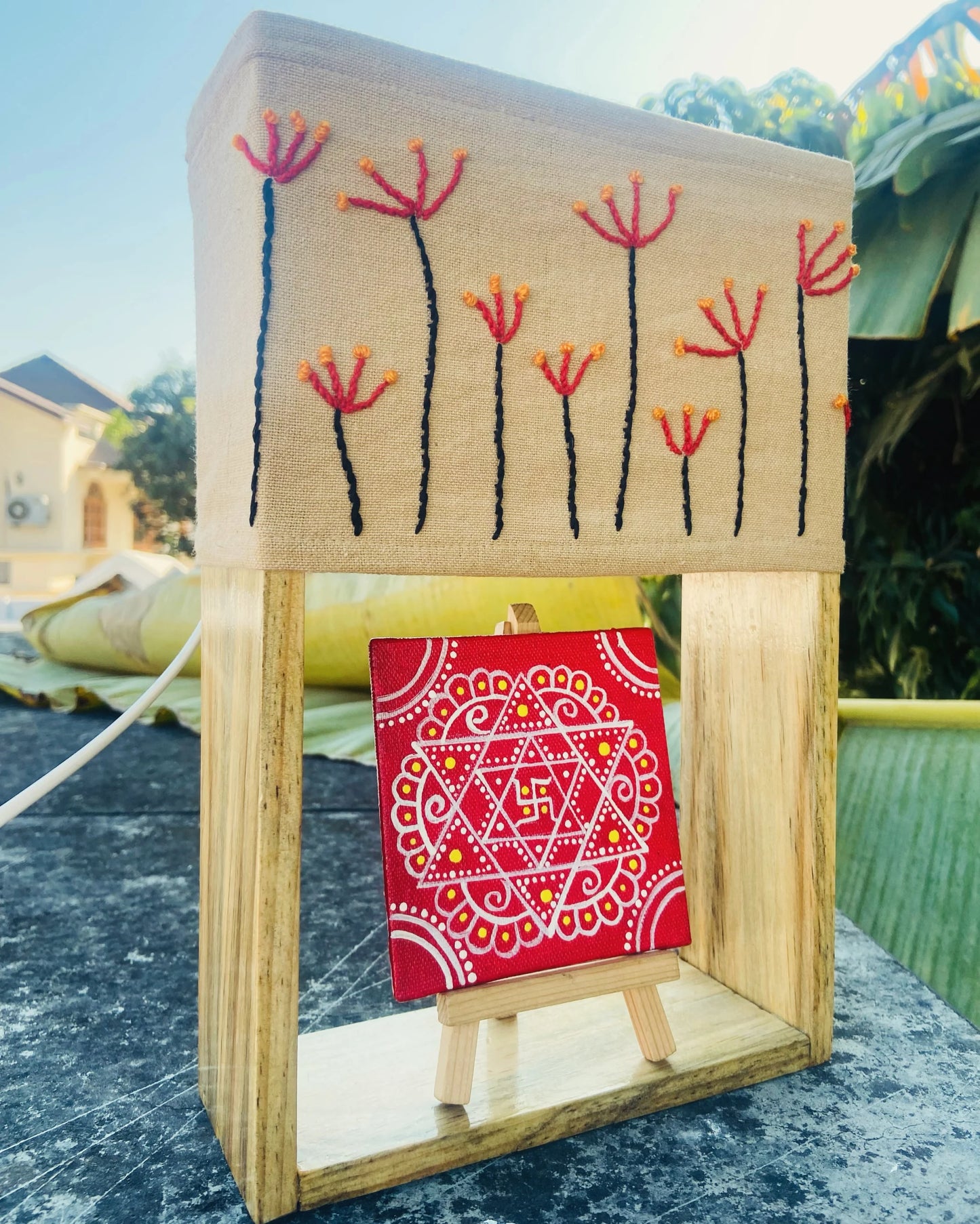 Pine Glow Aipan Elegance Table Lamp – Hand painted and hand embroidered