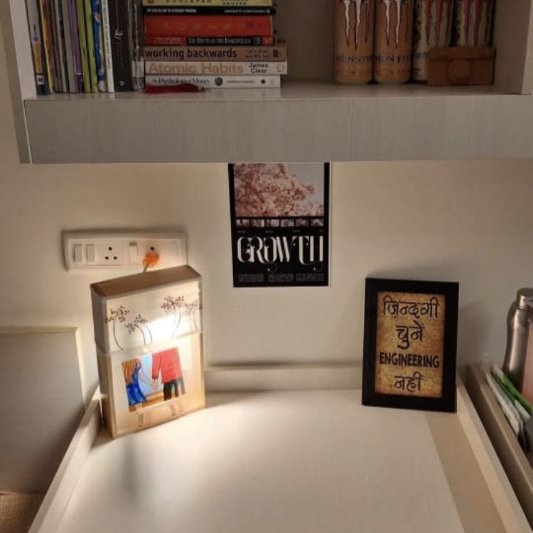 Pine Glow Love Story Lamp – Handmade Wooden Table Lamp with Embroidery & Art- unique Gift for wedding