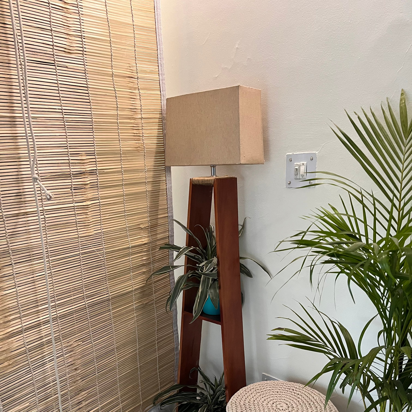 Glow & Grow – Pine Wood Floor Lamp with Planter Shelves (5ft Total Height)