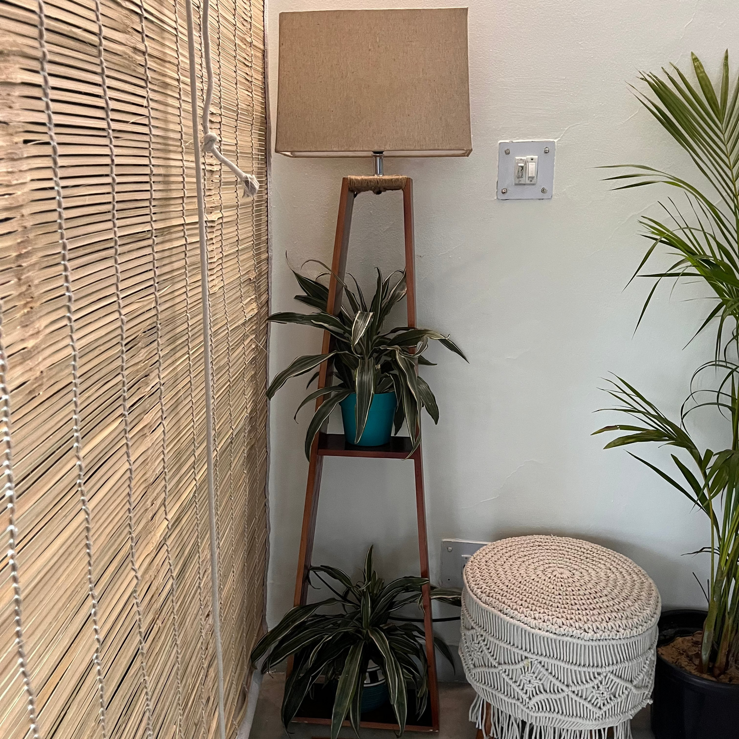 Glow & Grow – Pine Wood Floor Lamp with Planter Shelves (5ft Total Height)