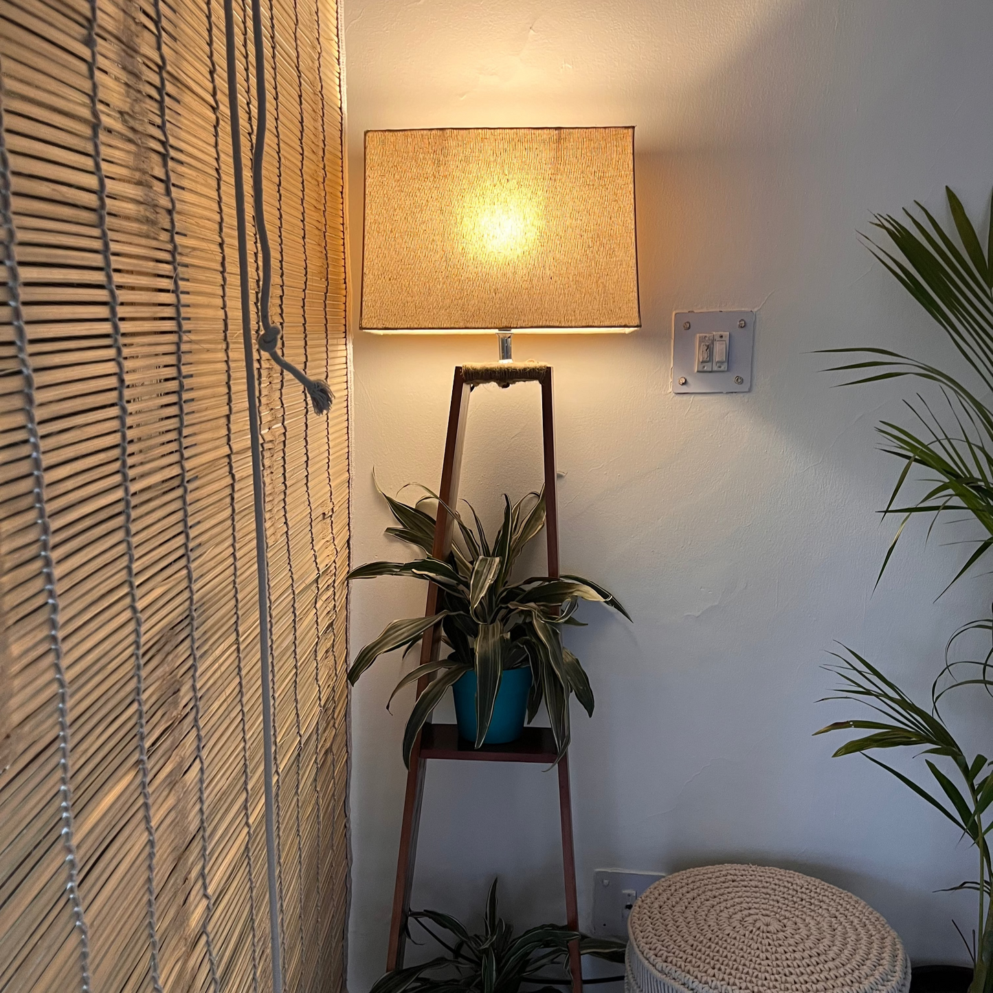 Glow & Grow – Pine Wood Floor Lamp with Planter Shelves (5ft Total Height)