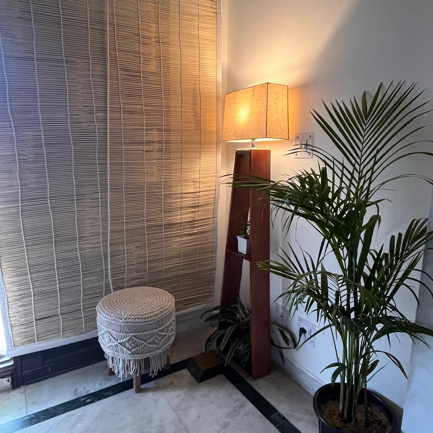 Glow & Grow – Pine Wood Floor Lamp with Planter Shelves (5ft Total Height)