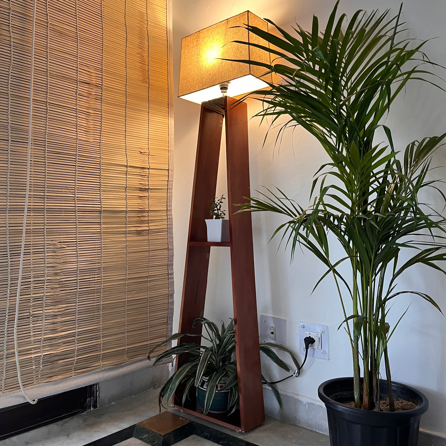 Glow & Grow – Pine Wood Floor Lamp with Planter Shelves (5ft Total Height)