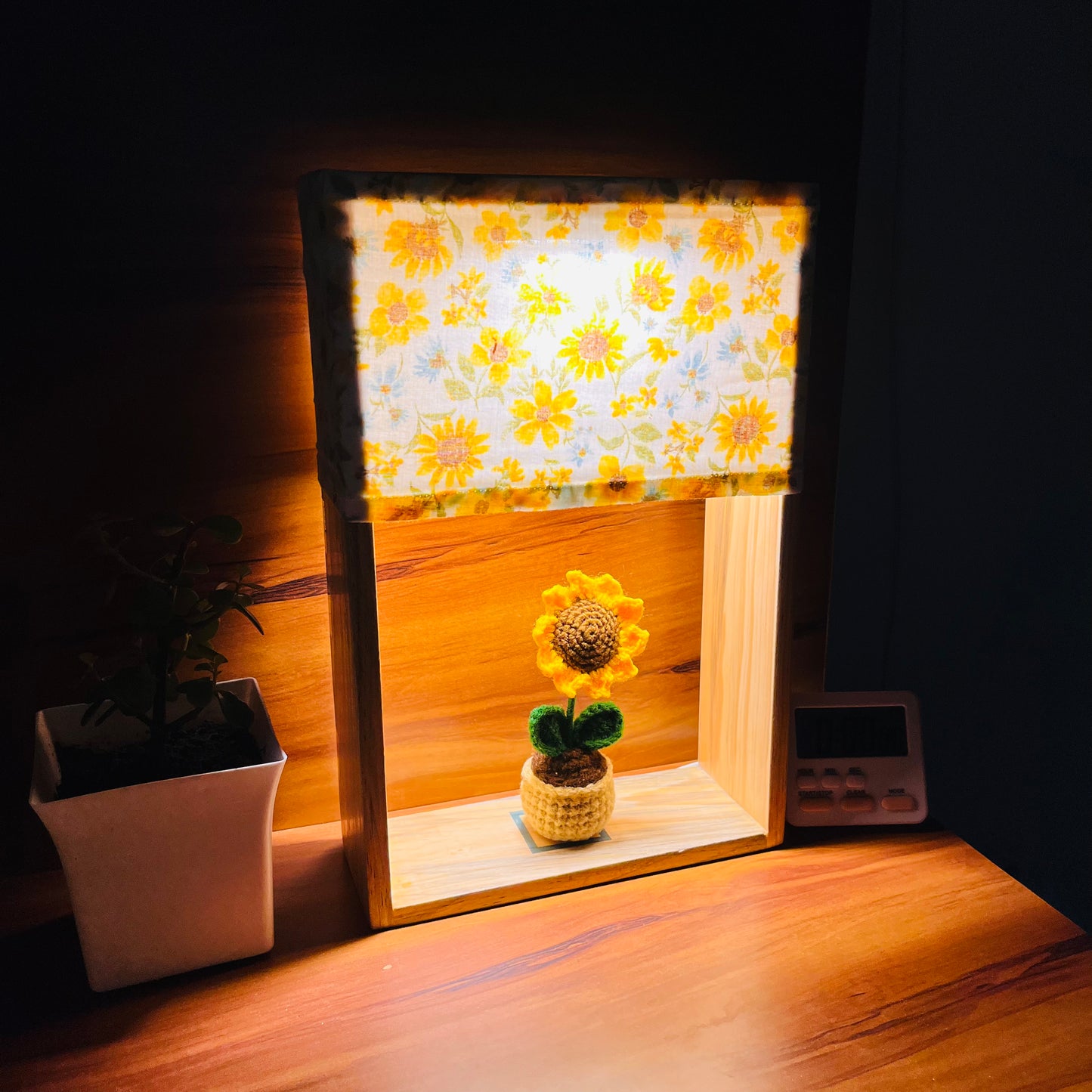 Pine Glow Sunflower Wooden Lamp with handmade crochet Sunflower - (washable Lampshade)