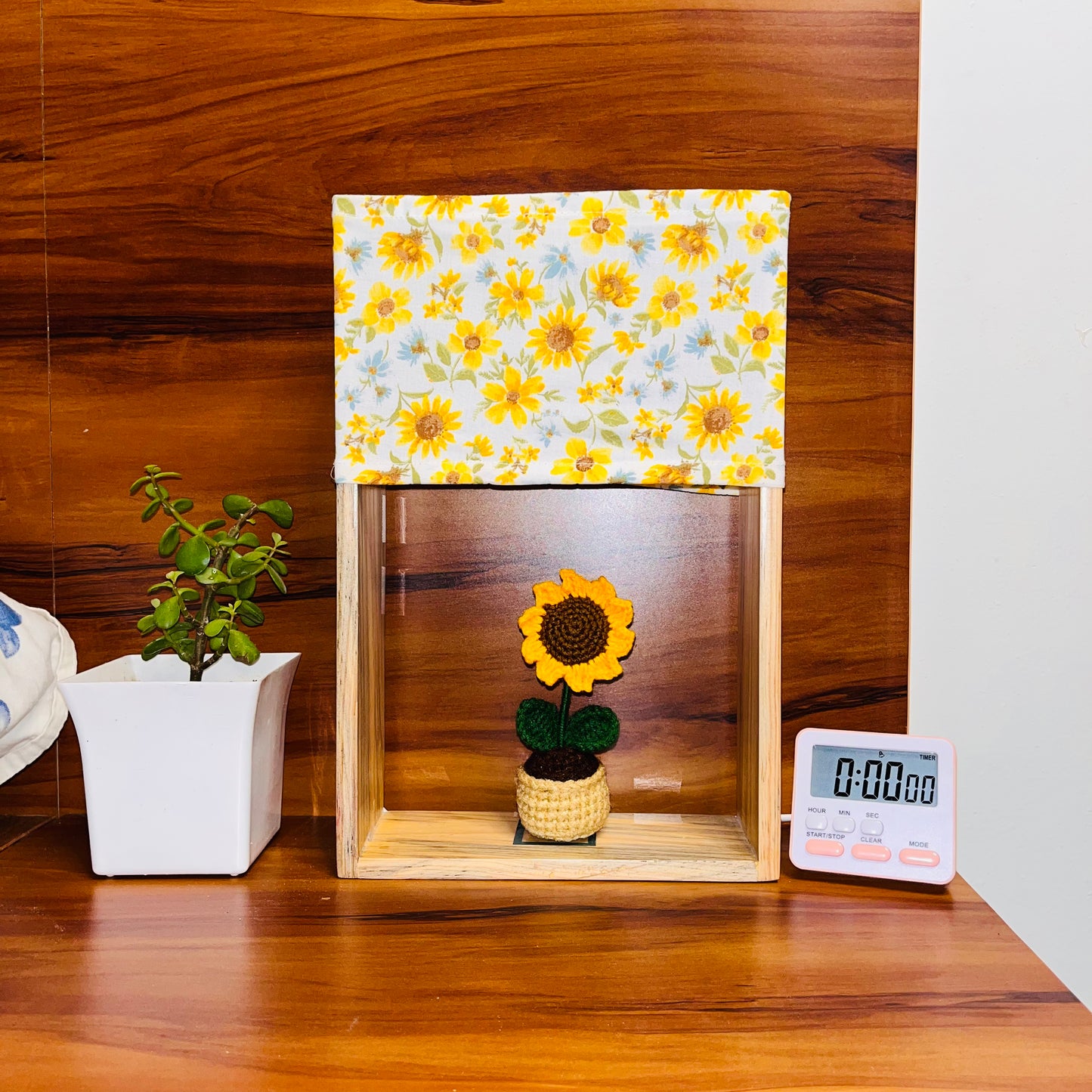Pine Glow Sunflower Wooden Lamp with handmade crochet Sunflower - (washable Lampshade)