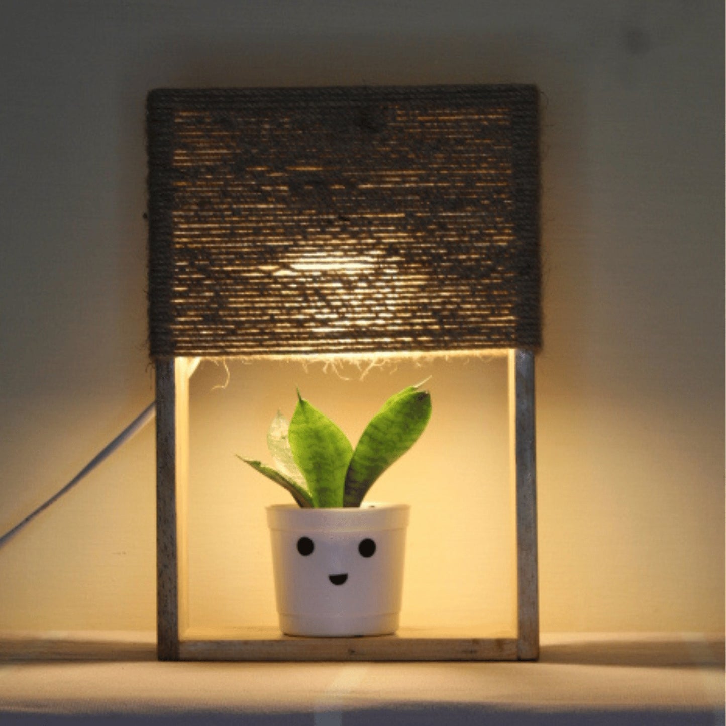 Pine Glow-Rustic Charm Table Lamp with Jute Lampshade and real snake plant