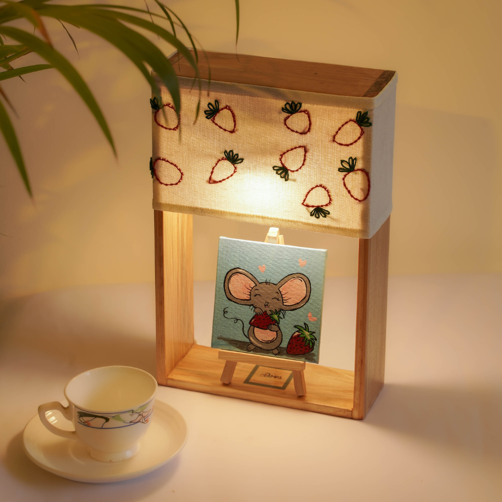 Handcrafted Pine Glow Lamp-Hand-Embroidered & Painted Strawberry Delight