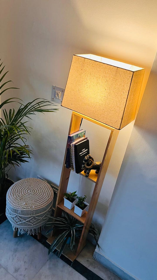 Pine Wood Book Shelf Floor Lamp with Shelves (5 feet Total Height)