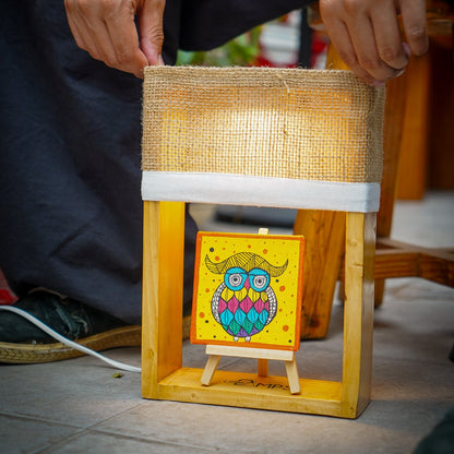 Glow Wise – Jute Table Lamp with Hand-Painted Owl Canvas