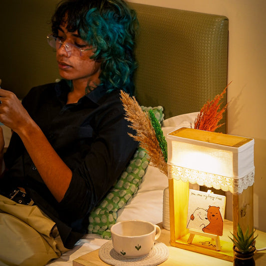 Cozy Haven – Lace-Trimmed Cotton Lamp with Hand-Painted Canvas