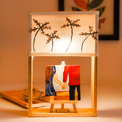 Pine Glow Love Story Lamp – Handmade Wooden Table Lamp with Embroidery & Art- unique Gift for wedding