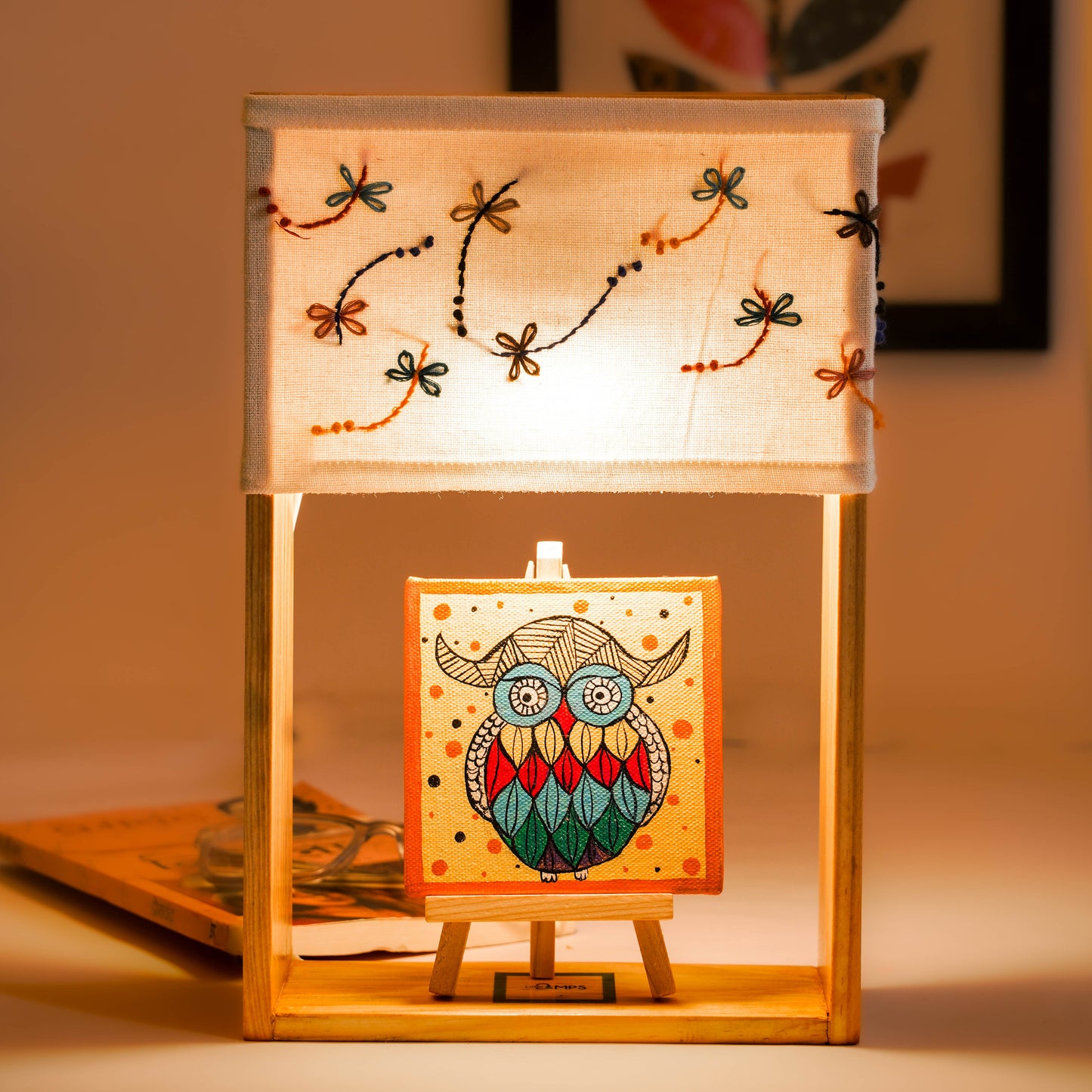 Pine Glow Butterflies Lamp with Hand-Painted Wise Owl Artwork – Unique Decor