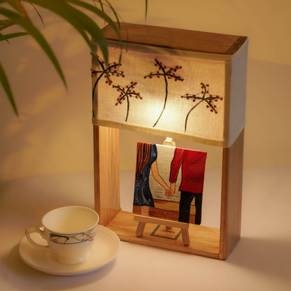 Pine Glow Love Story Lamp – Handmade Wooden Table Lamp with Embroidery & Art- unique Gift for wedding