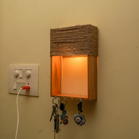 Pine Glow Key Holder wall mounted Lamp- ( in Jute rope as Lampshade)