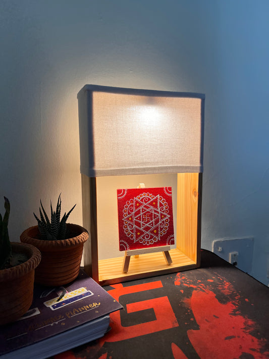 Sacred Glow – Wooden Lamp with Hand-Painted Shri Yantra Canvas Art