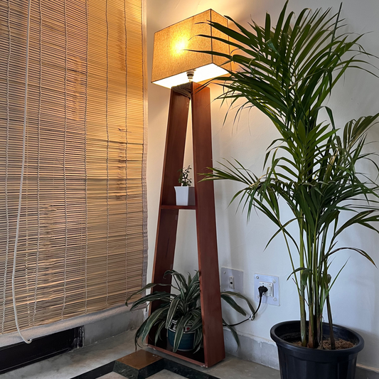 Glow & Grow – Pine Wood Floor Lamp with Planter Shelves (5ft Total Height)