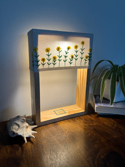 Pine Glow Sunflower Lamp – Handmade Wooden Table Lamp with Embroidery
