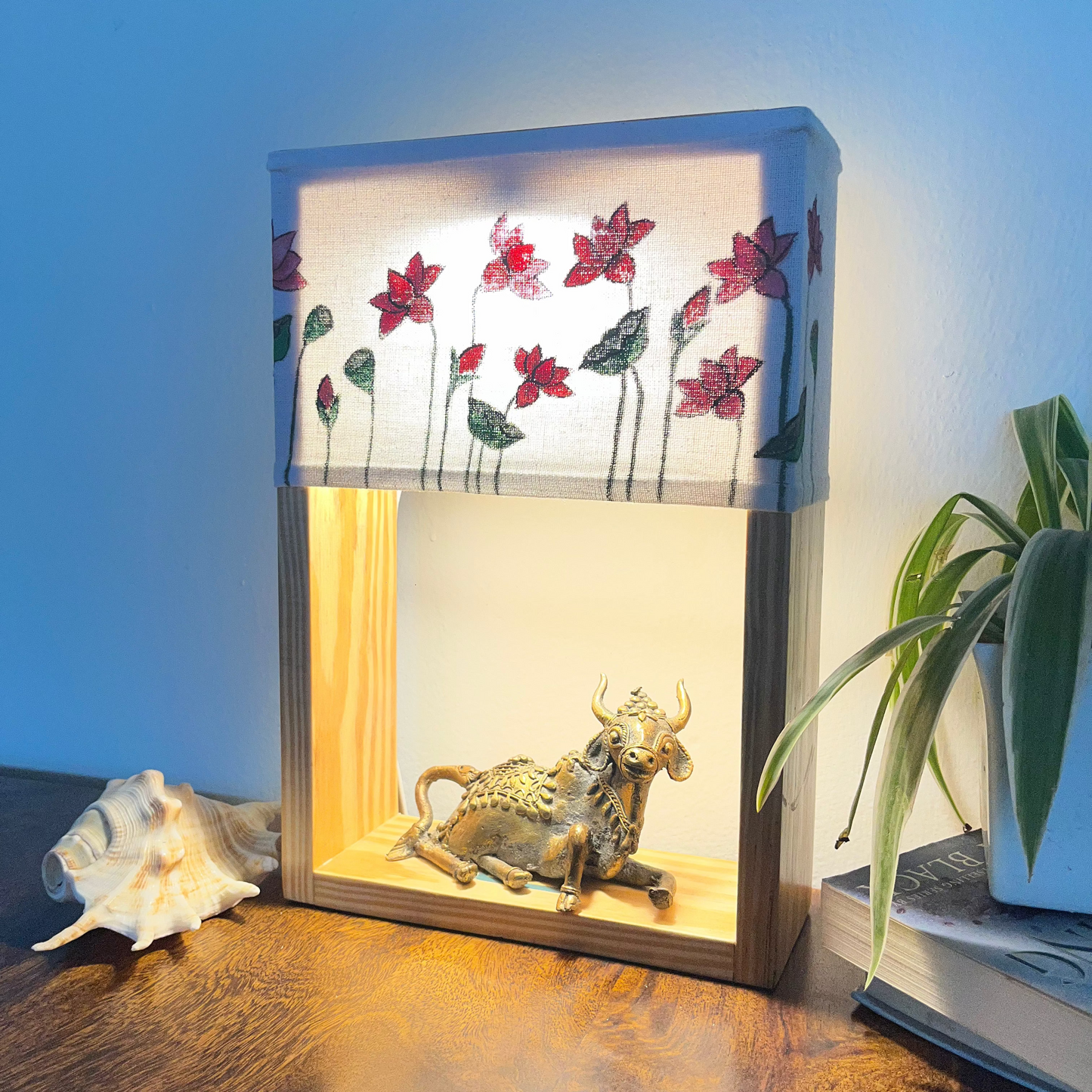Pine Glow Lotus & Nandi Dhokra Lamp – Hand-Painted Wooden Table Lamp