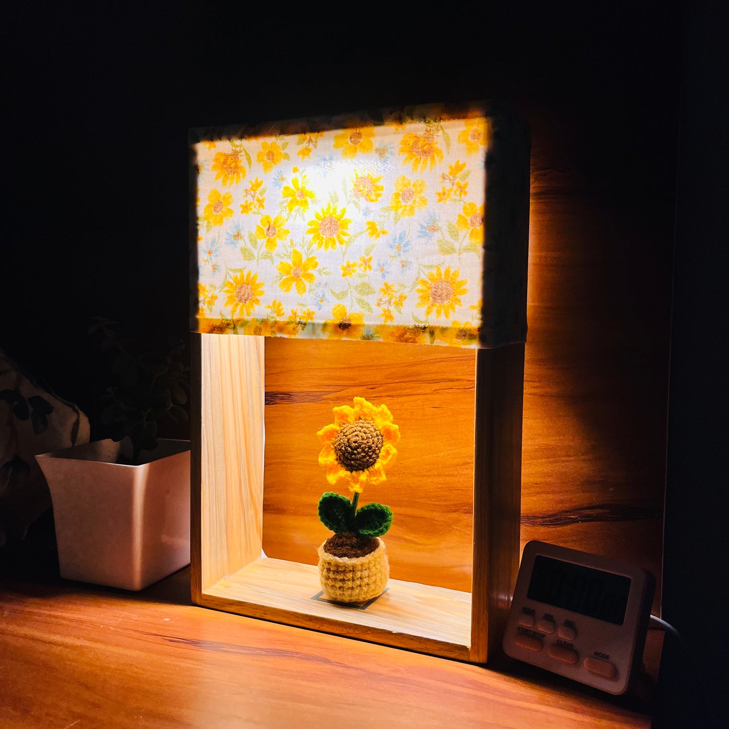Pine Glow Sunflower Wooden Lamp with handmade crochet Sunflower - (washable Lampshade)