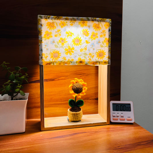 Pine Glow Sunflower Wooden Lamp with handmade crochet Sunflower - (washable Lampshade)
