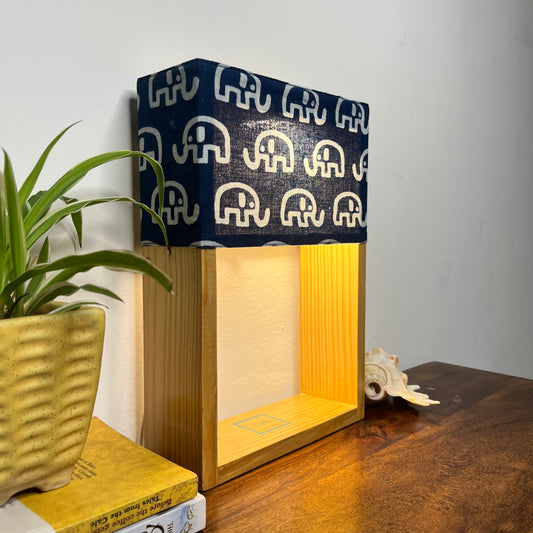 Pine Glow Indigo Haathi Table Lamp – Block Print Cotton Lampshade