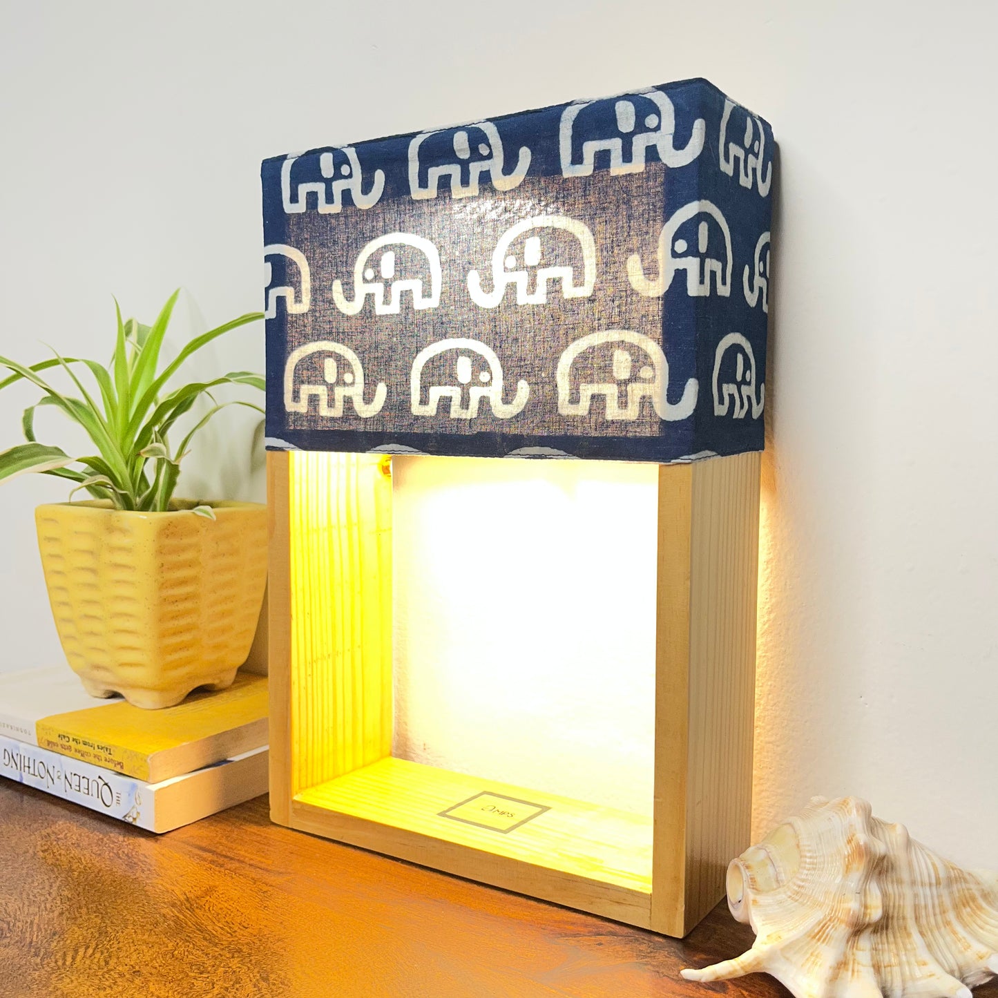 Pine Glow Indigo Haathi Table Lamp – Block Print Cotton Lampshade